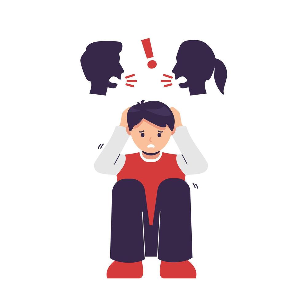 teenager sitting curled up with parent fighting ague, Domestic Dispute Illustration. vector