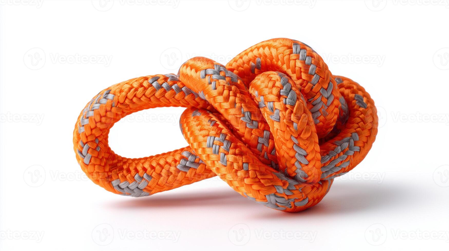 Orange Climbing Rope Tied in Complex Knot for Mountain Adventure and Rock Climbing photo