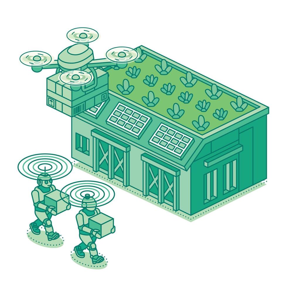 Isometric green warehouse with solar panels, a delivery drone, and robots carrying packages. Concept of smart logistics, automation, and sustainable technology. Illustration. vector