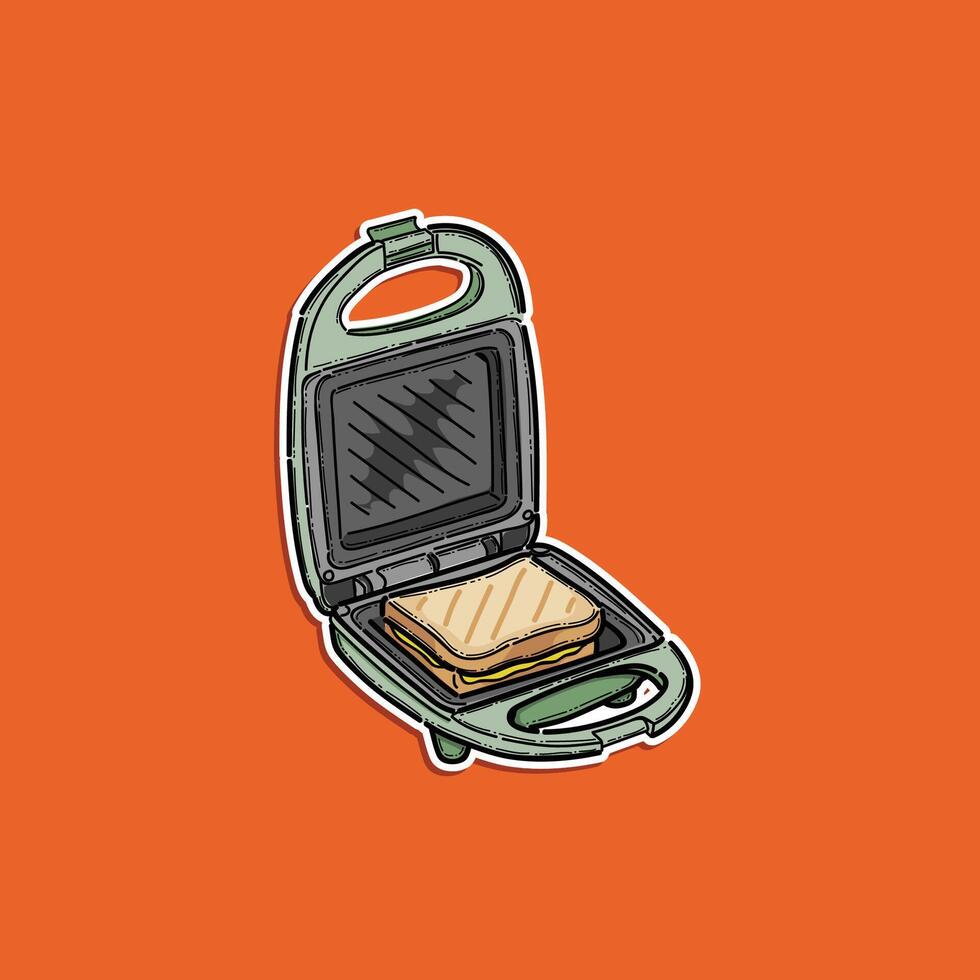Bright and colorful illustration of a sandwich maker containing a grilled toast, over a vivid orange background, perfect for themes related to cooking, food, or kitchen appliances. vector