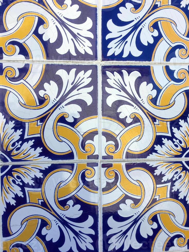 Ornate azure and gold tiles, evoking sun drenched Spanish fiestas, tactile architectural beauty, perfect for Dia de la Hispanidad photo