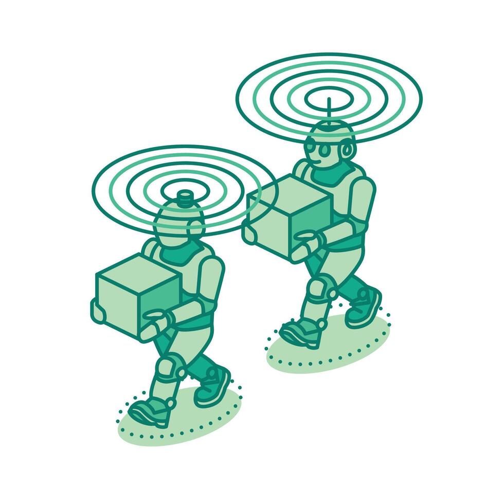 Isometric two robots carrying boxes with wireless signals. Smart automation, AI logistics, and future technology in warehouse operations. Illustration. Robots isolated on white. vector