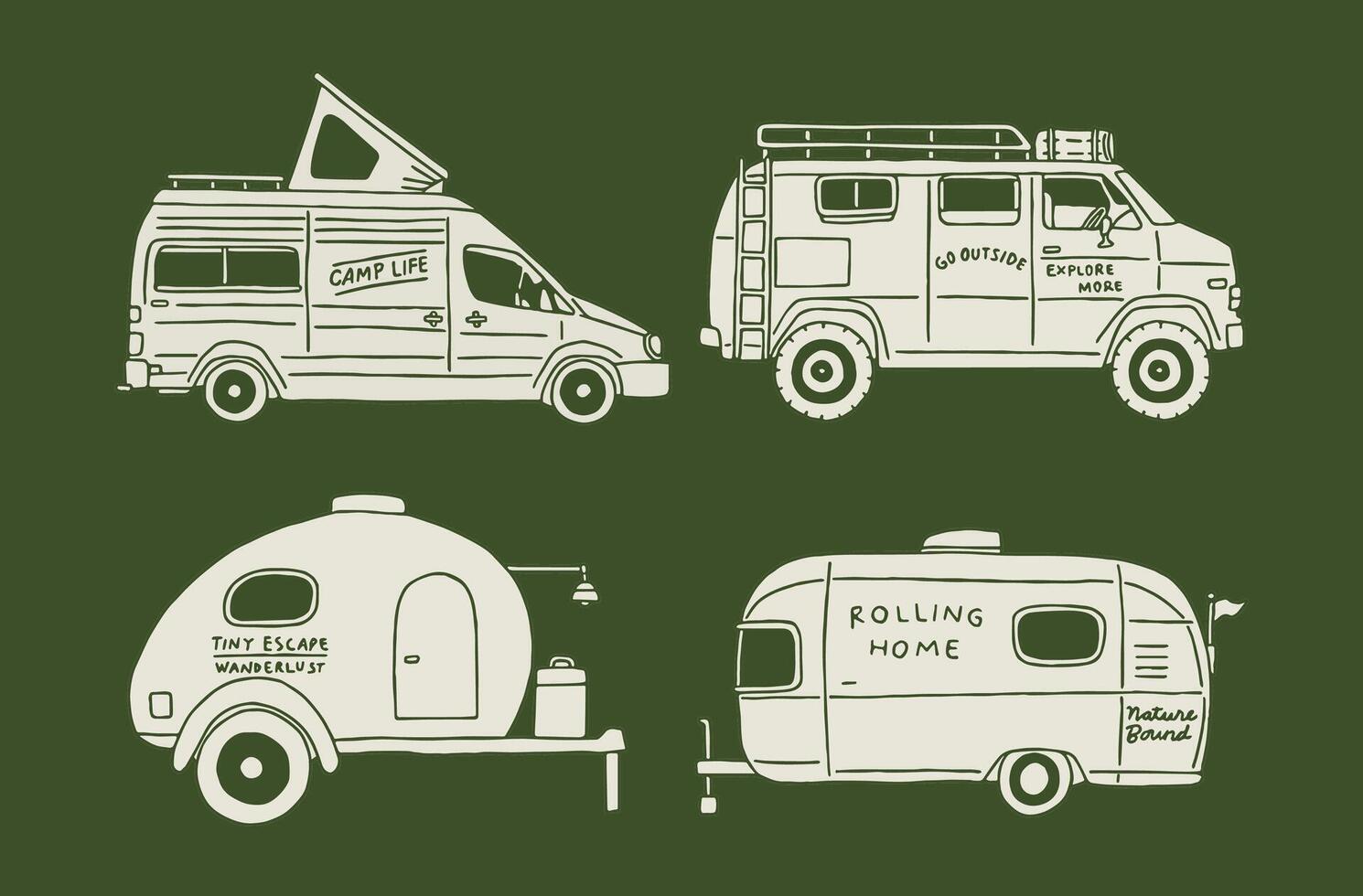 A retro-style set of camper van and travel trailer illustrations perfect for vanlife and camping-related merchandise or branding. vector