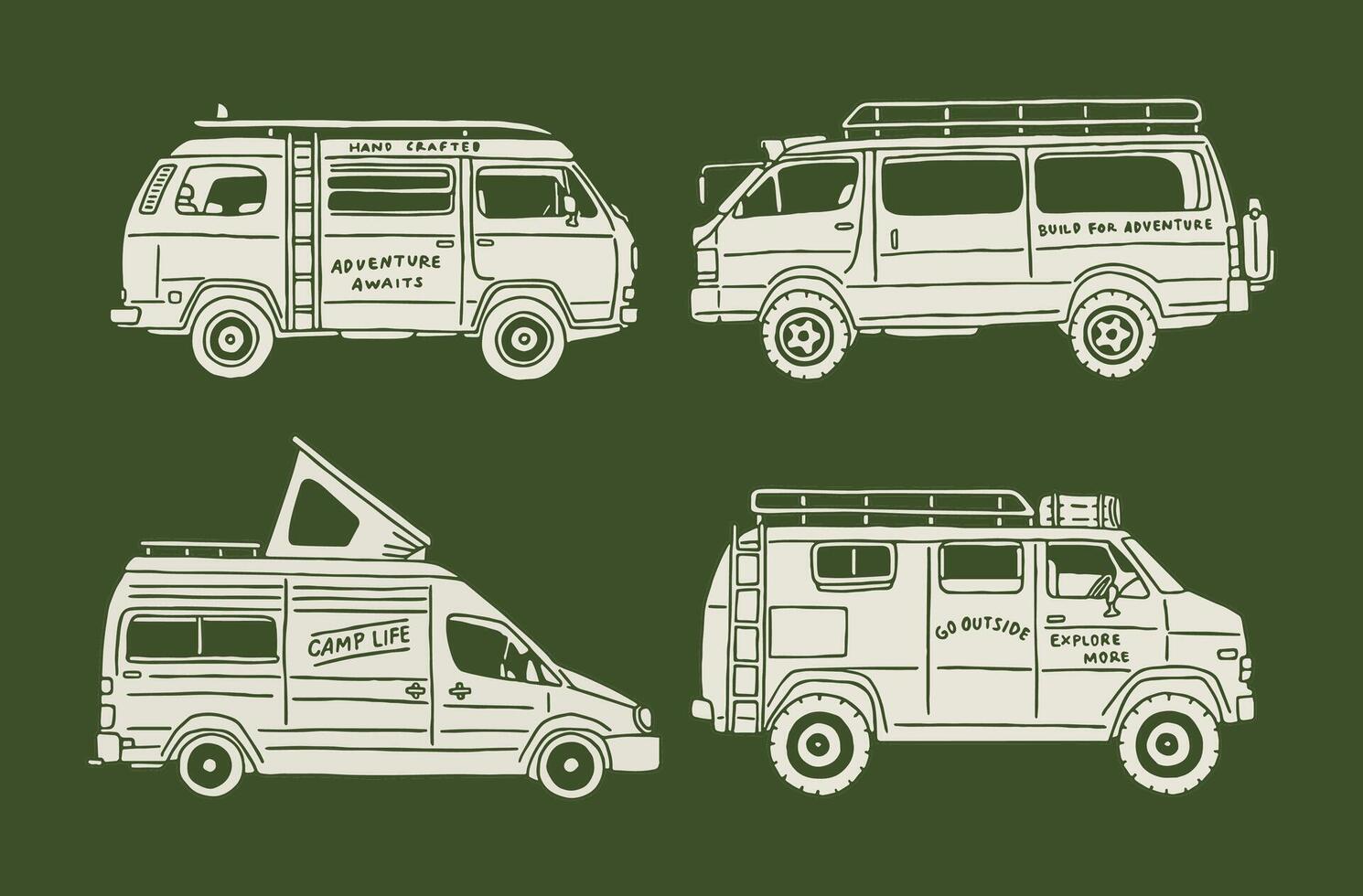 Clean line art illustrations of camper vans and travel trailers ideal for outdoor living, vanlife content, or minimalist branding. vector