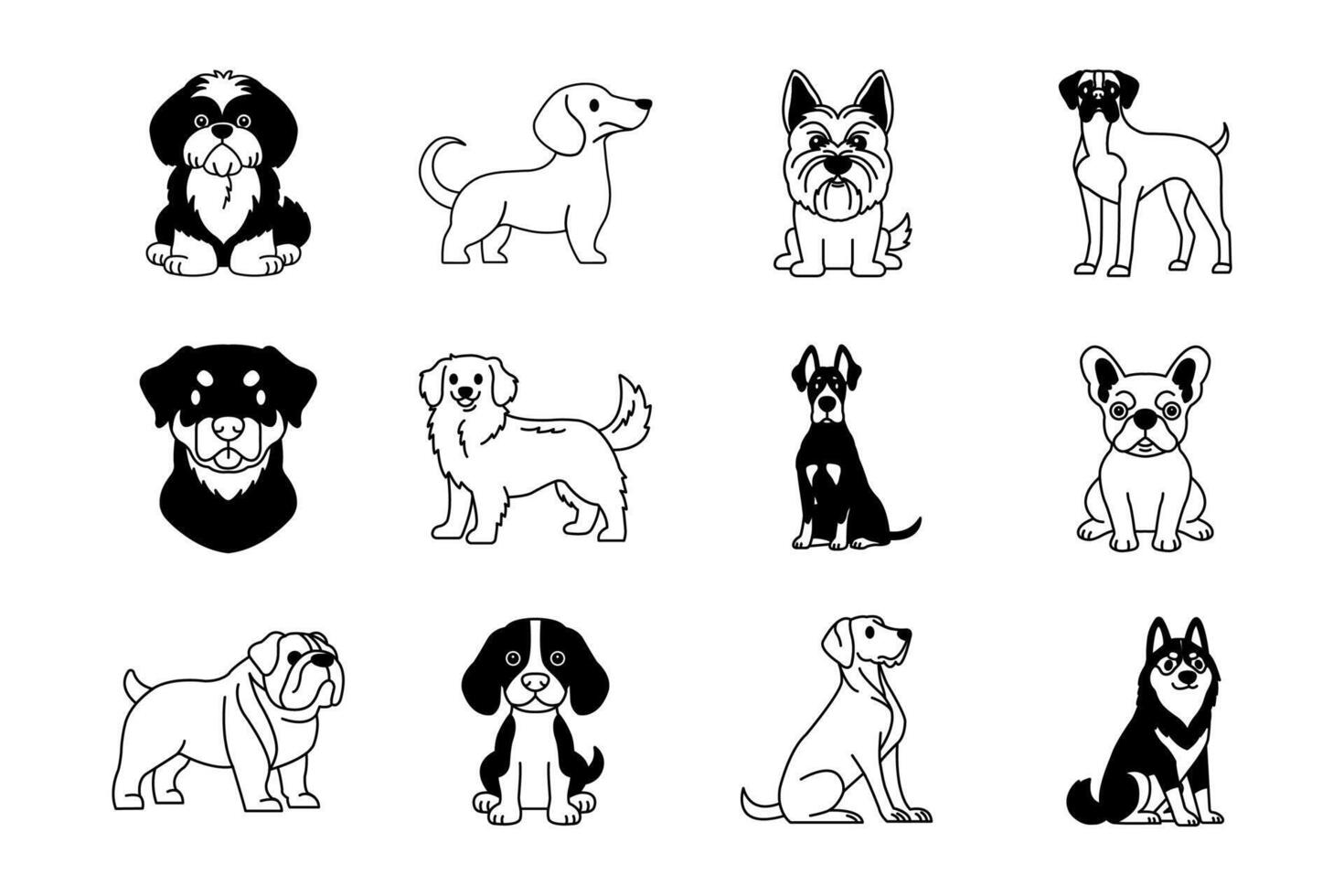 Collection of black and white icons of purebred dogs vector