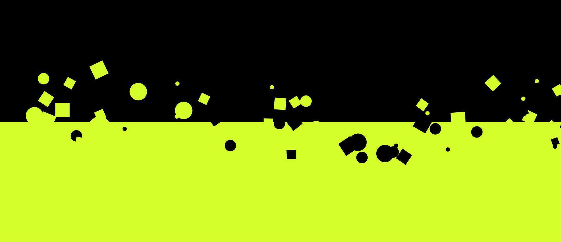 Geometric composition black backdrop, chartreuse field, shapes vector