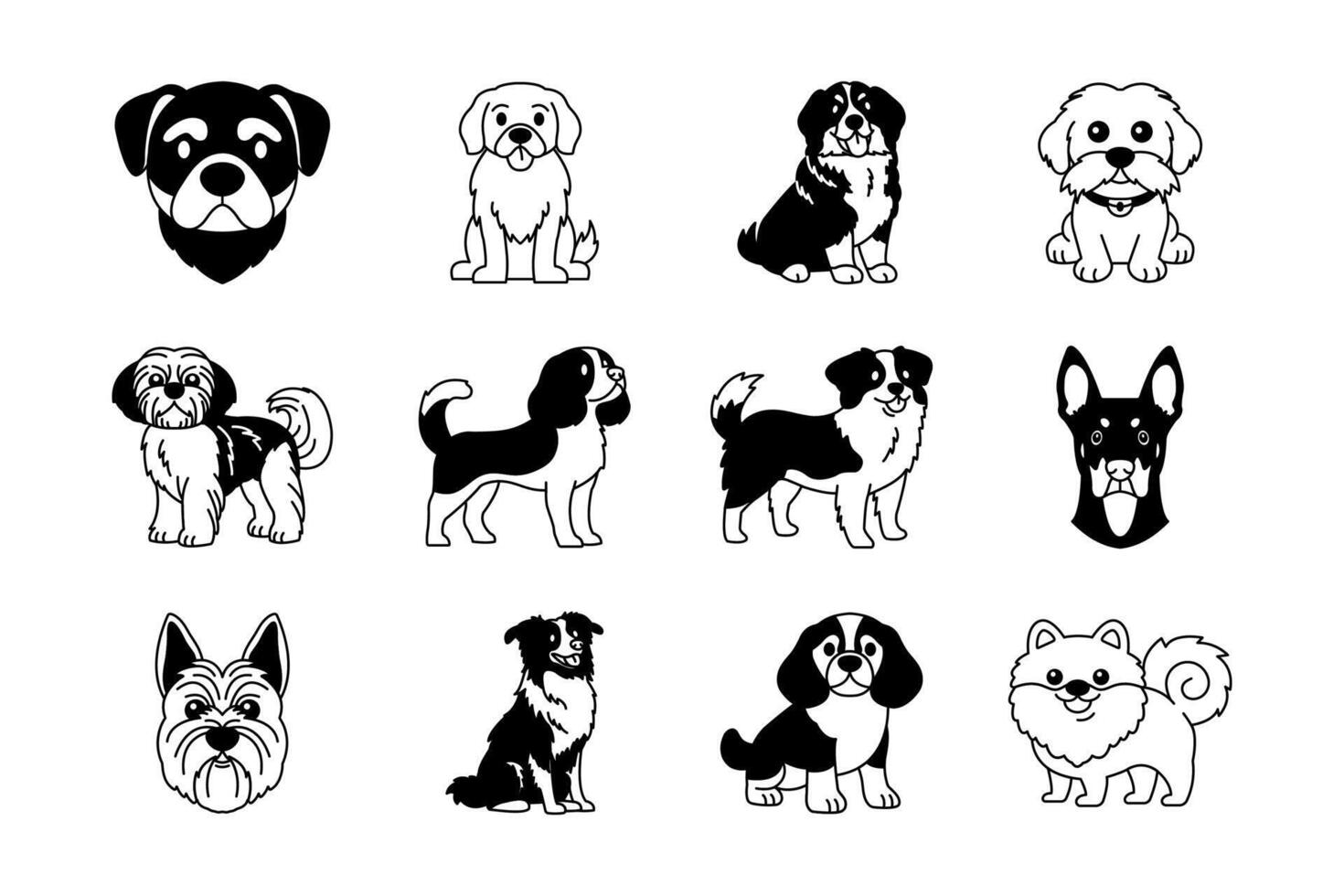 Collection of black and white illustrations icons of purebred dogs vector