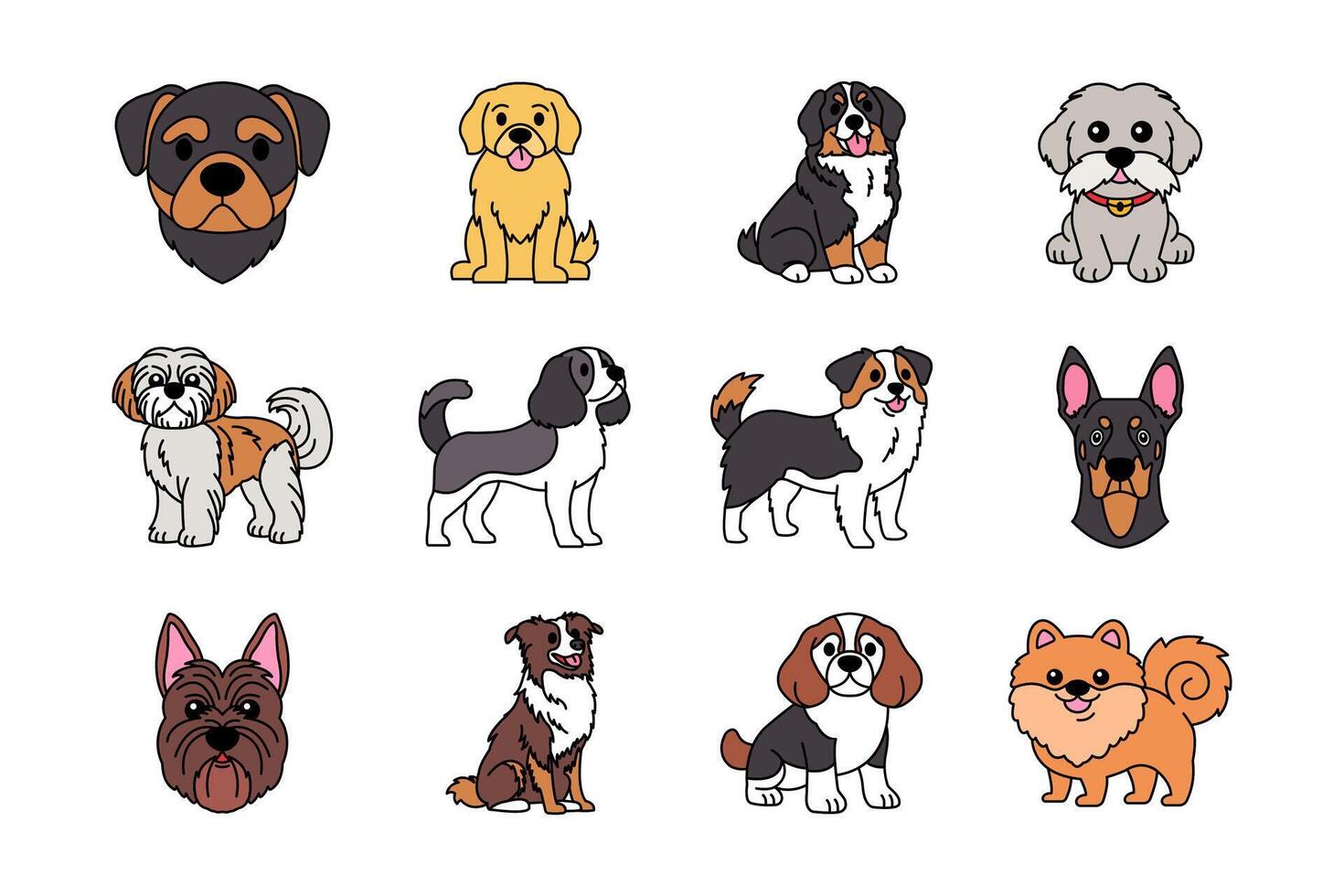 Cartoon illustrations of various dog breeds vector