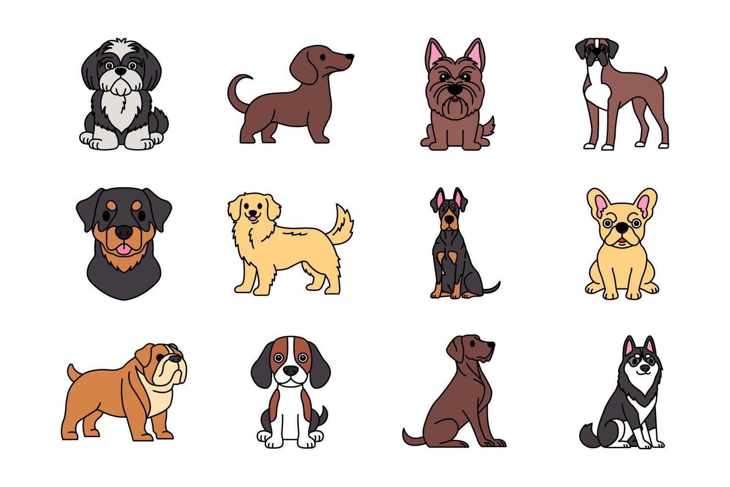 Illustration of 12 cartoon dogs vector