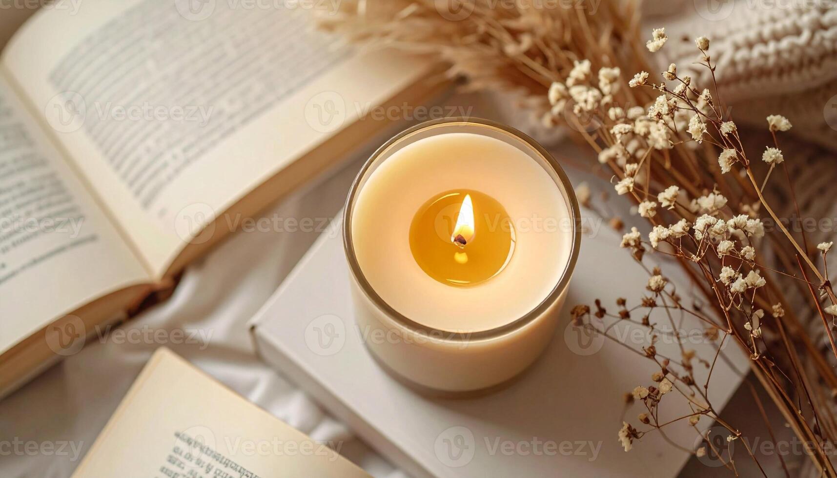Candle and books on a table photo
