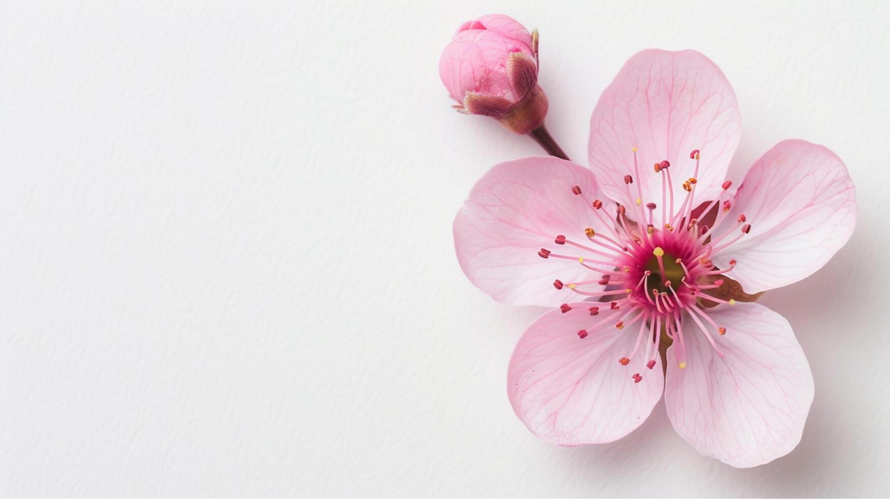 Pink cherry blossoms on a white background show the beauty of nature. photo