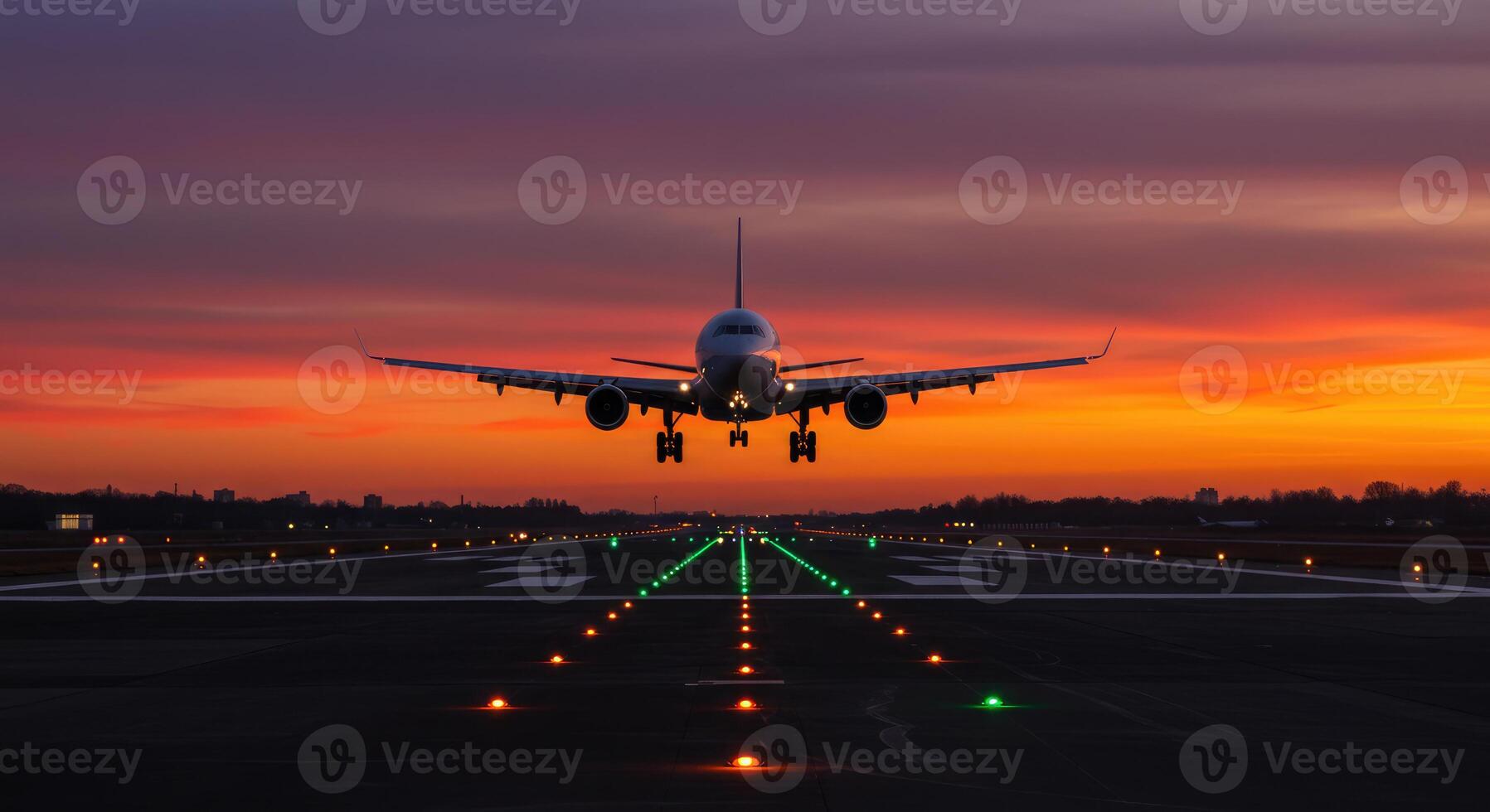 A Dramatic Head-On View of a Jet Landing at Night. photo