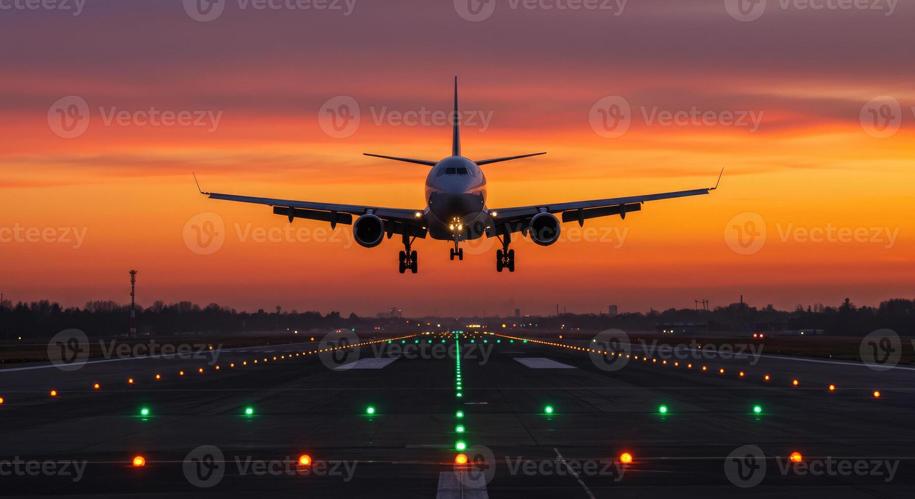 An Aircraft Landing with Illuminated Runway Lights at Twilight. photo