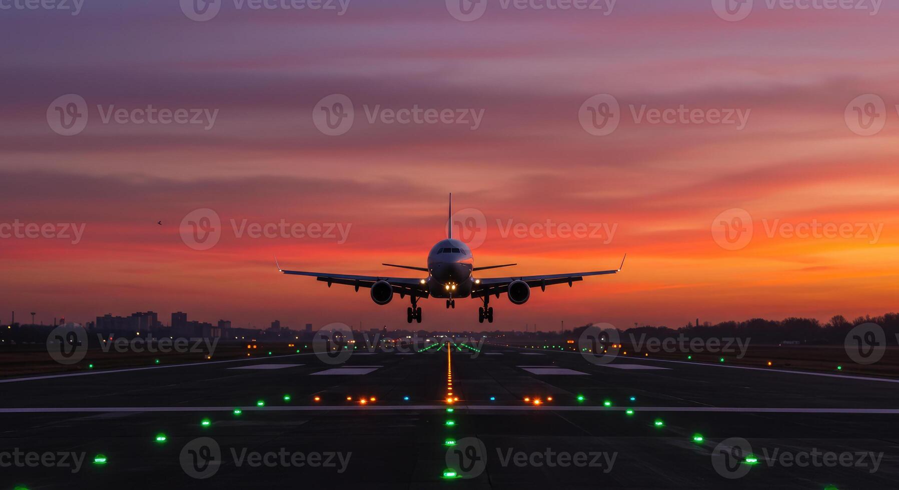 An Airplane on Final Approach to a Runway at Sunset. photo