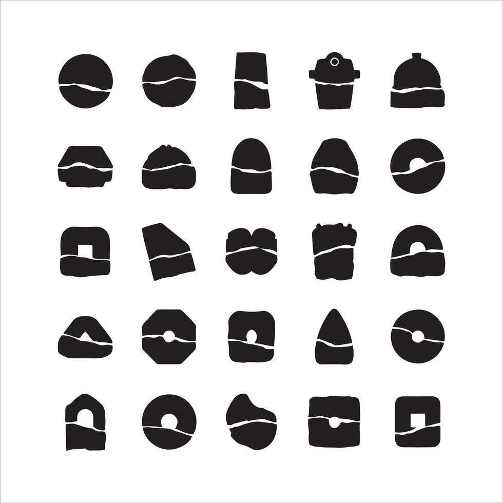 Collection of diverse black geometric shapes with torn paper texture vector