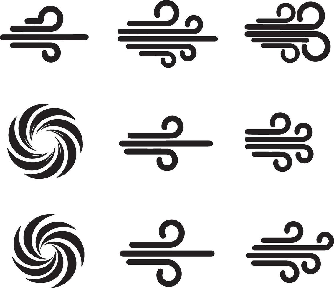 Collection of stylized wind and cyclone symbols in black and white vector