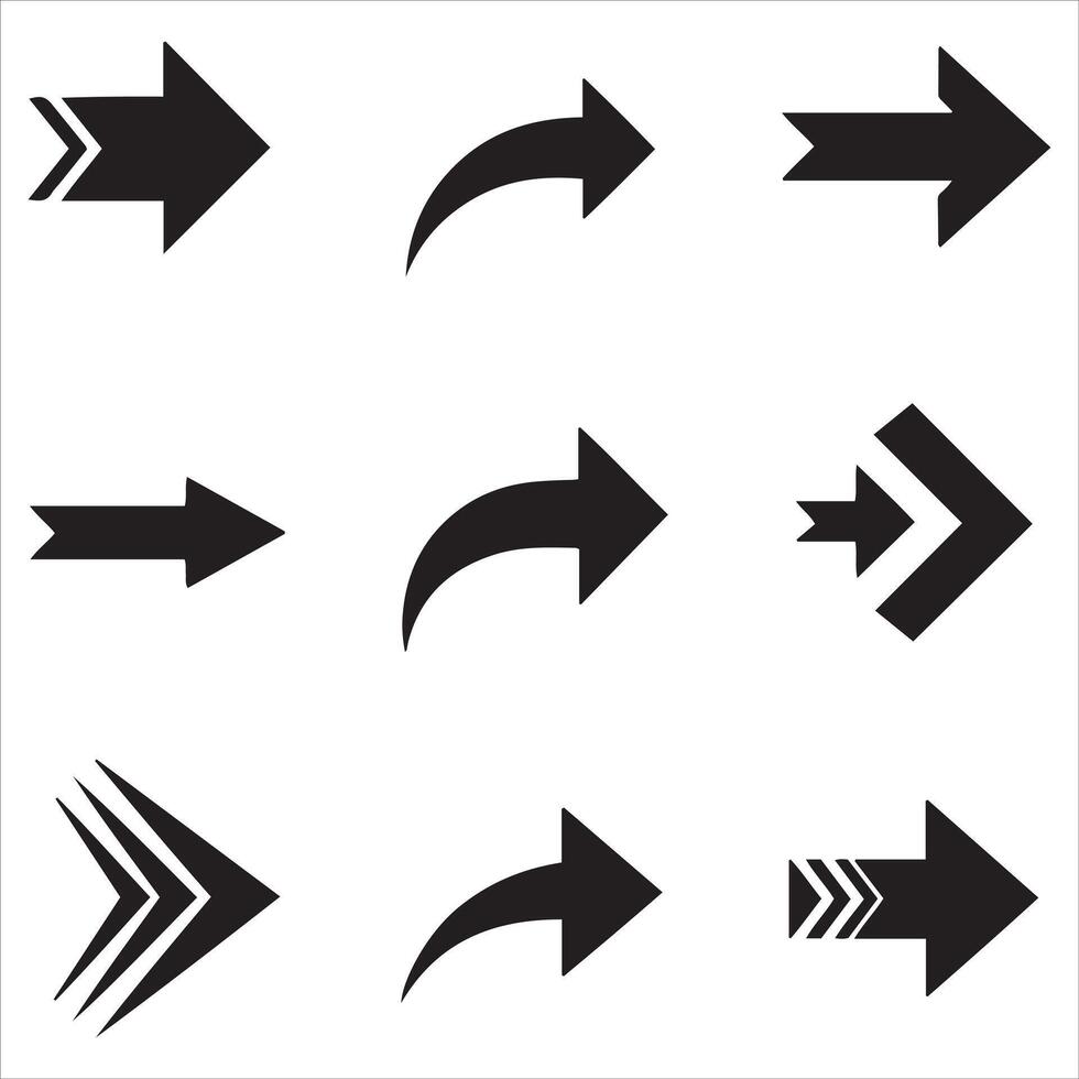 Collection of nine distinct black arrow symbols pointing right vector