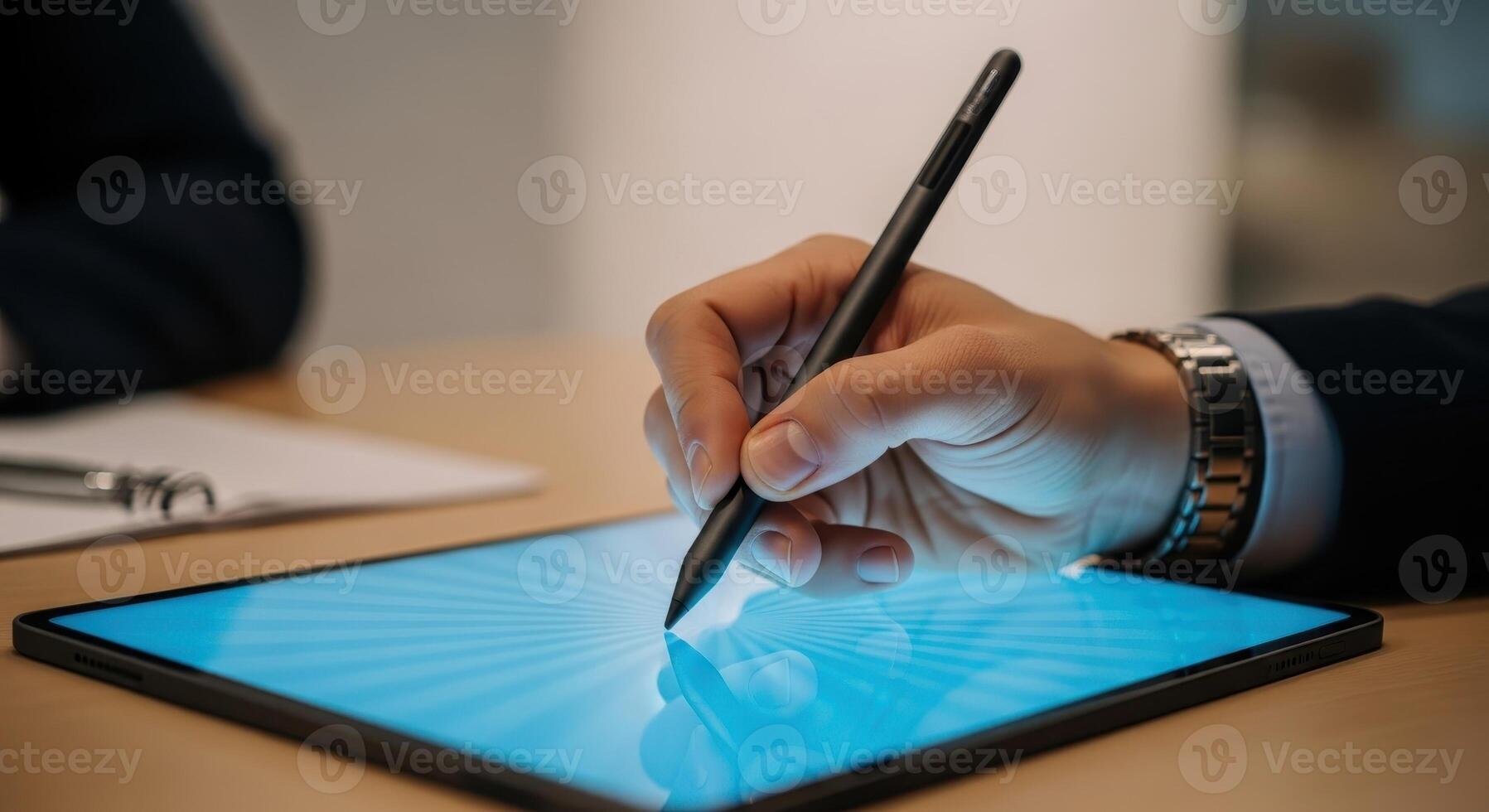 A person signs a tablet with a digital pen photo