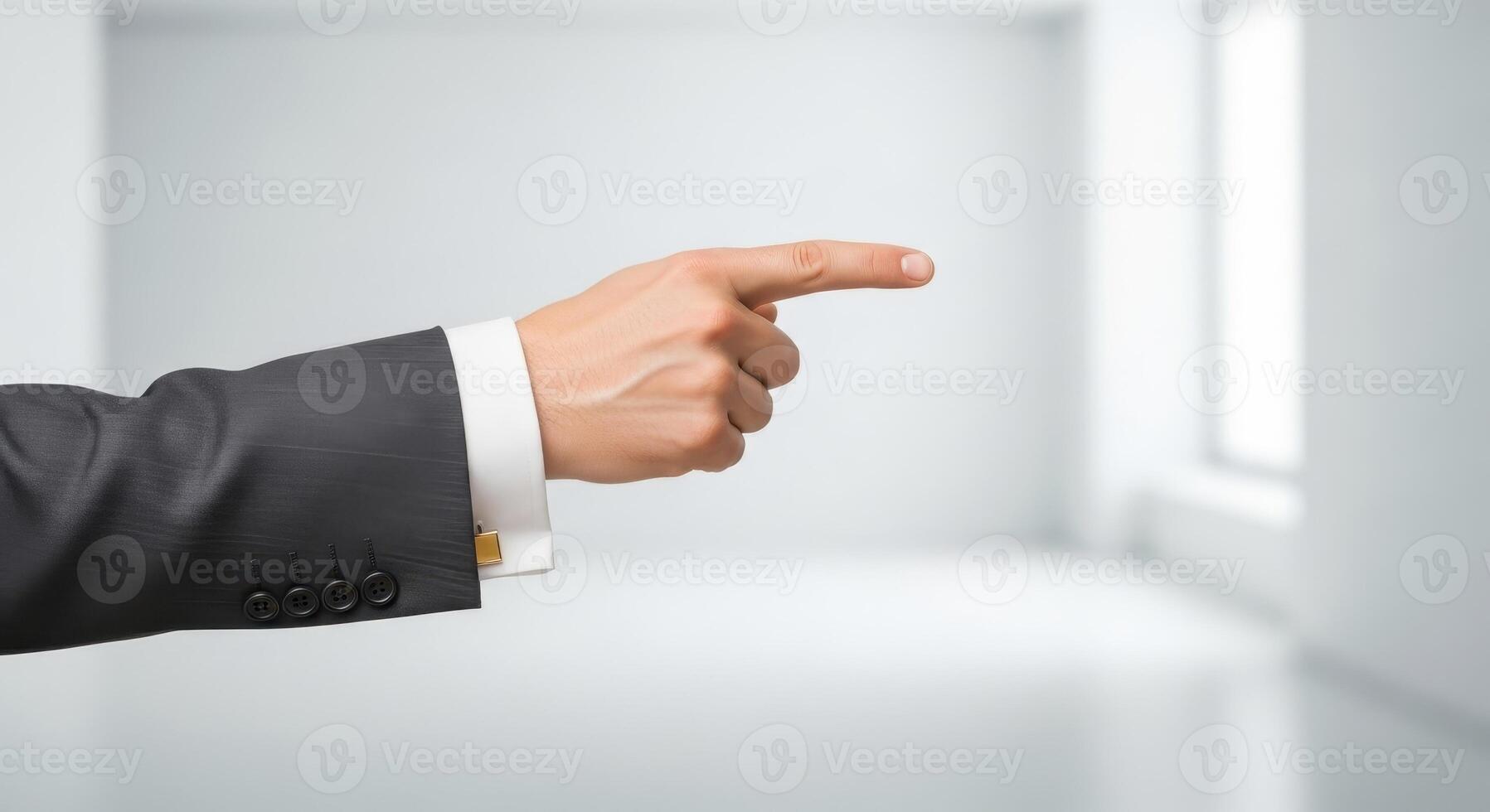 A businessmans hand in a suit sleeve is pointing towards the future photo