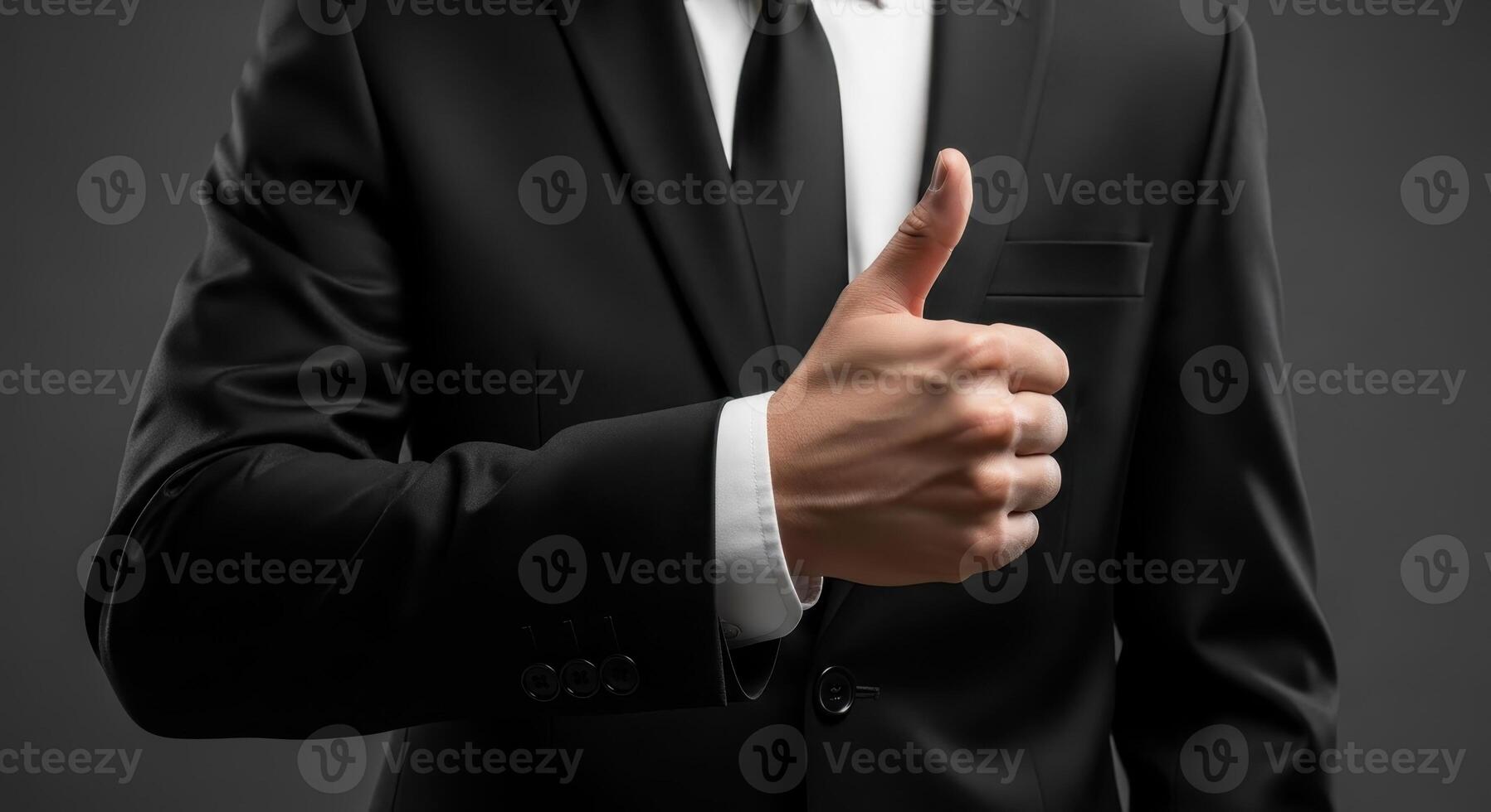 A businessman gives a thumbs up gesture for success and approval photo