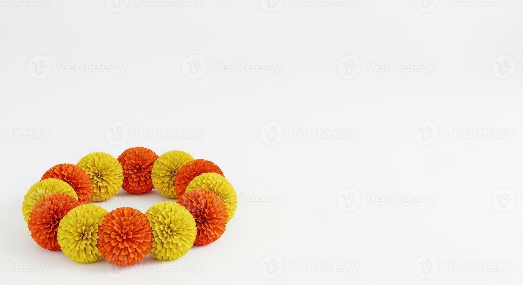 A wreath of orange and yellow flowers isolated on white background photo