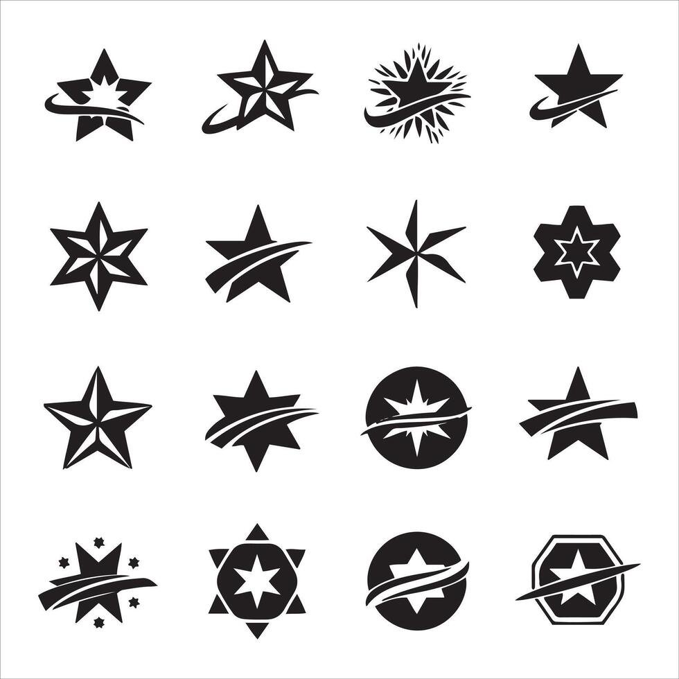 Collection of stylized star emblems and symbols in black and white vector