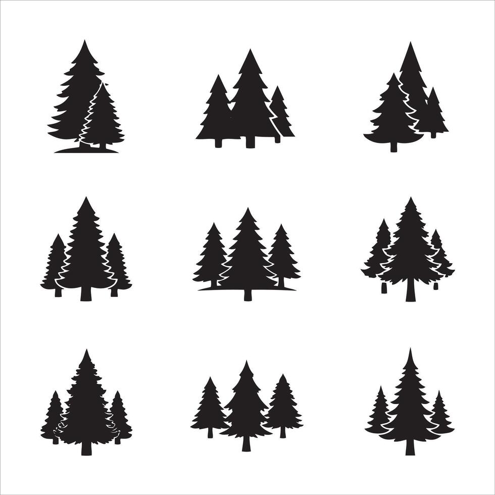 Collection of black silhouette evergreen trees in various groupings vector