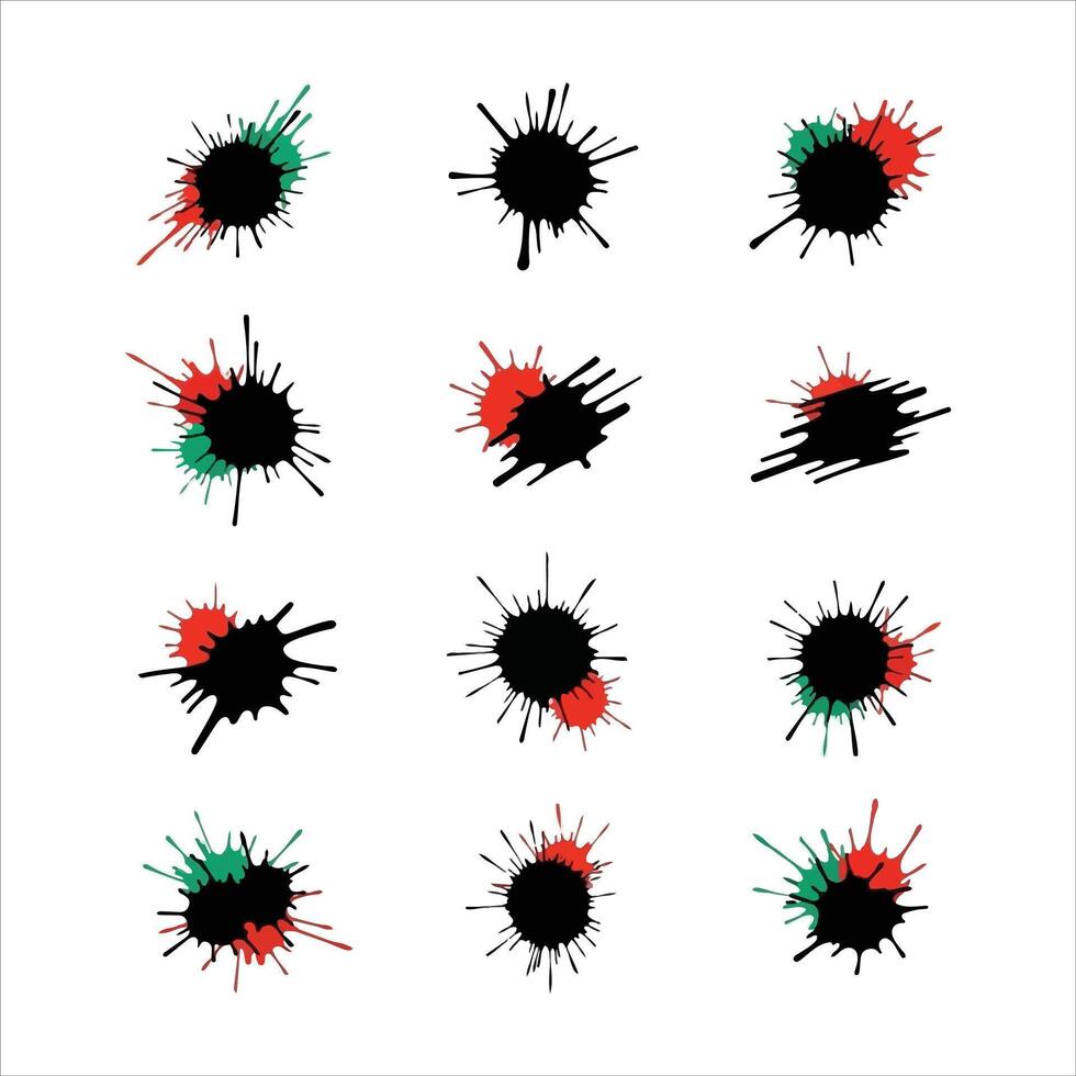 Collection of black splatter marks with red and green accents vector