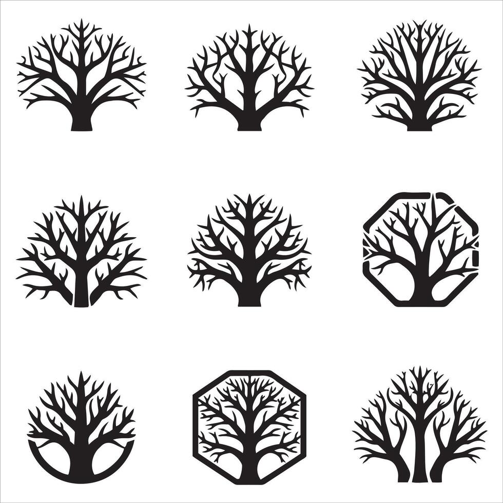 Collection of stylized black bare tree silhouettes with varied branching patterns vector