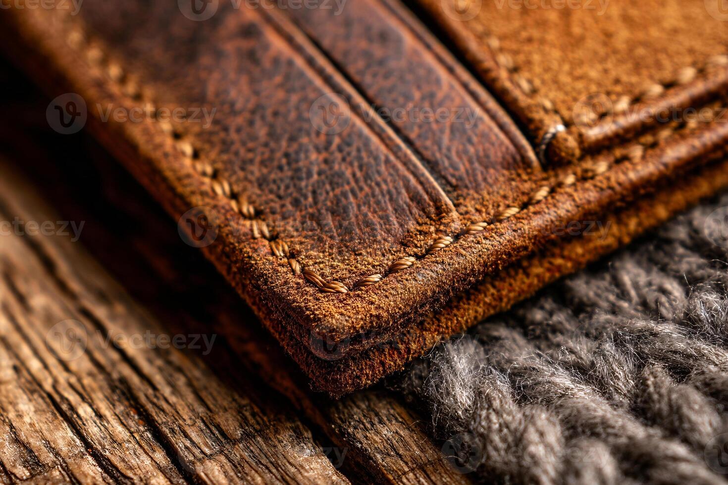close up of handmade leather wallet on wooden desk, rustic background, traditional craftsmanship photo