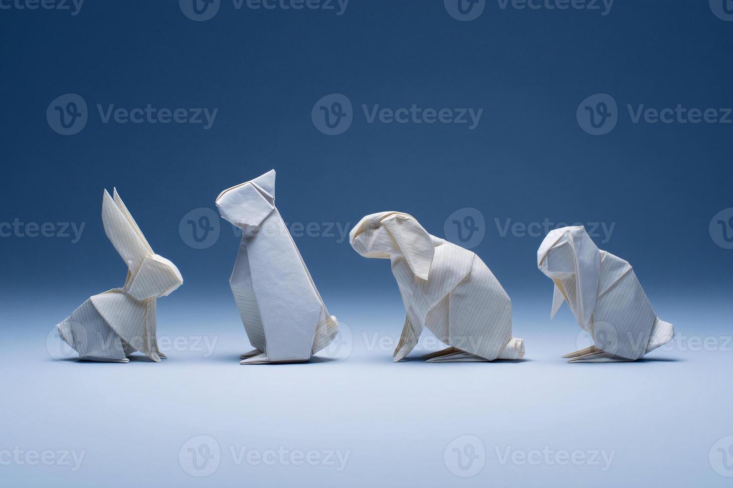 origami animal models arranged in minimalist setting, folded paper art, precise and clean design photo