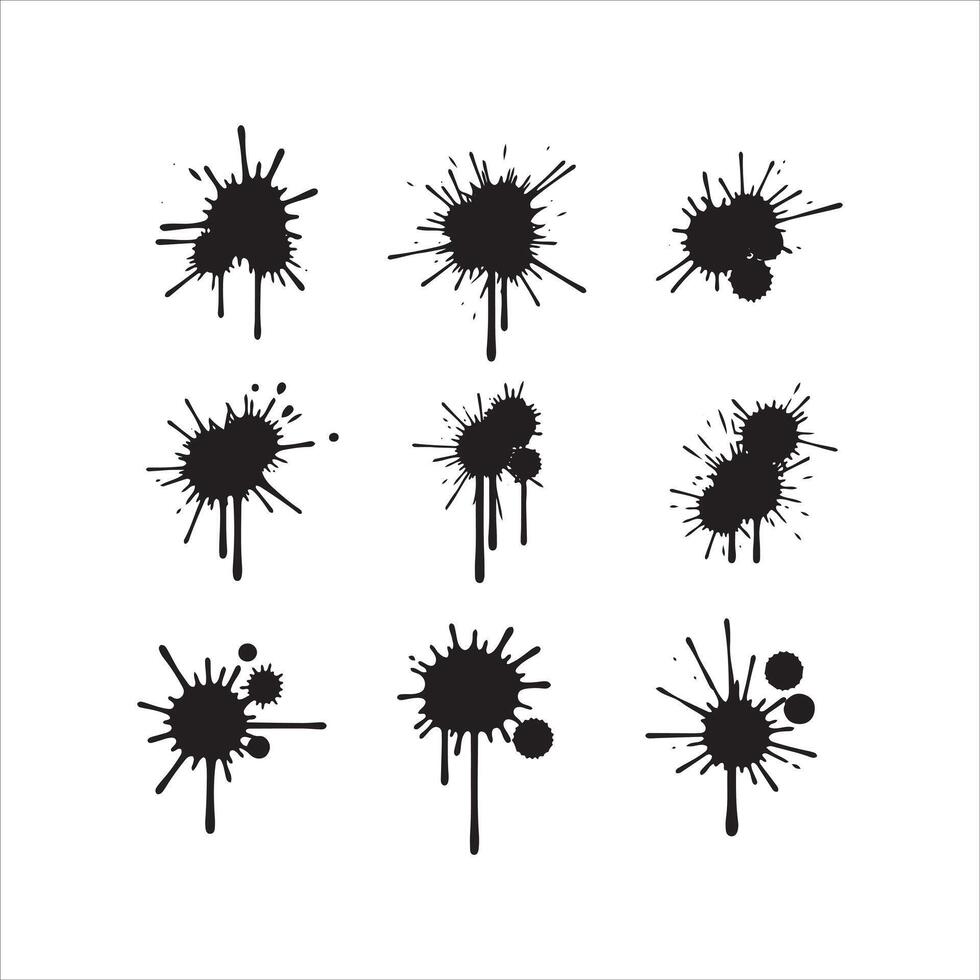 Collection of black splatter marks and dripping paint effects vector