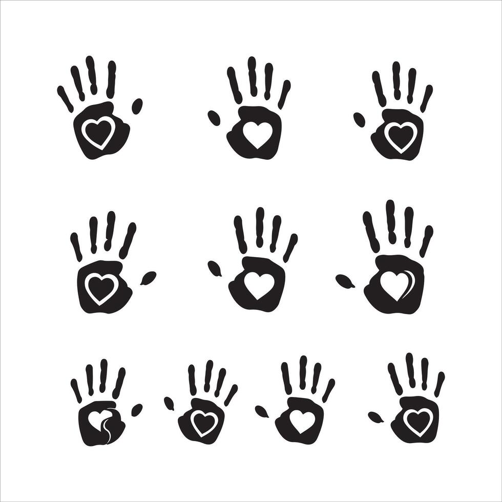 Collection of black handprints with white hearts symbolizing love and care vector