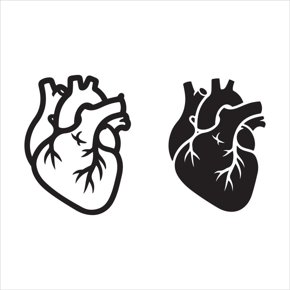 Stylized human heart representations in outline and solid black forms vector
