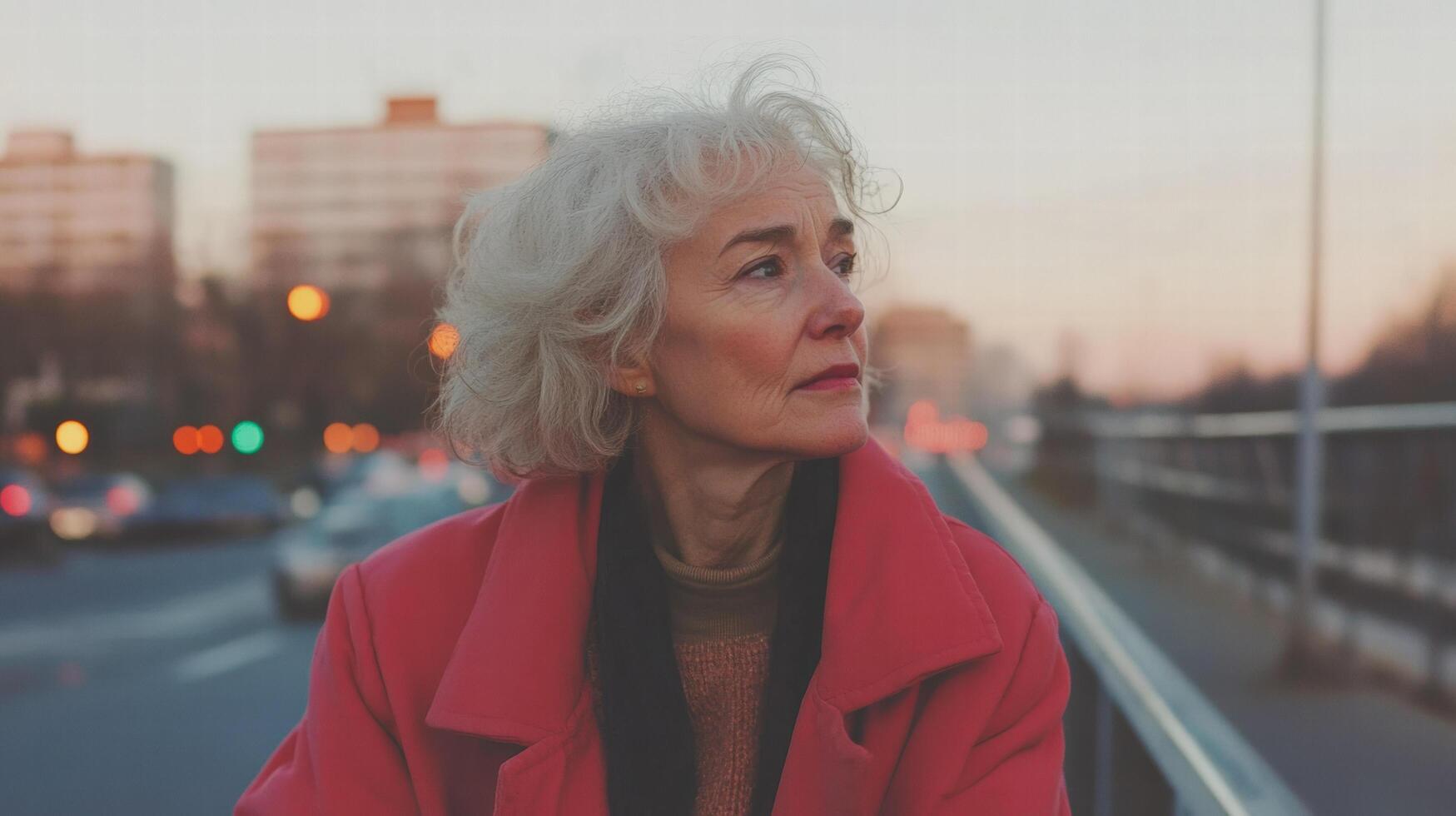 Senior woman with white hair wearing red coat looking away on city street at dusk photo