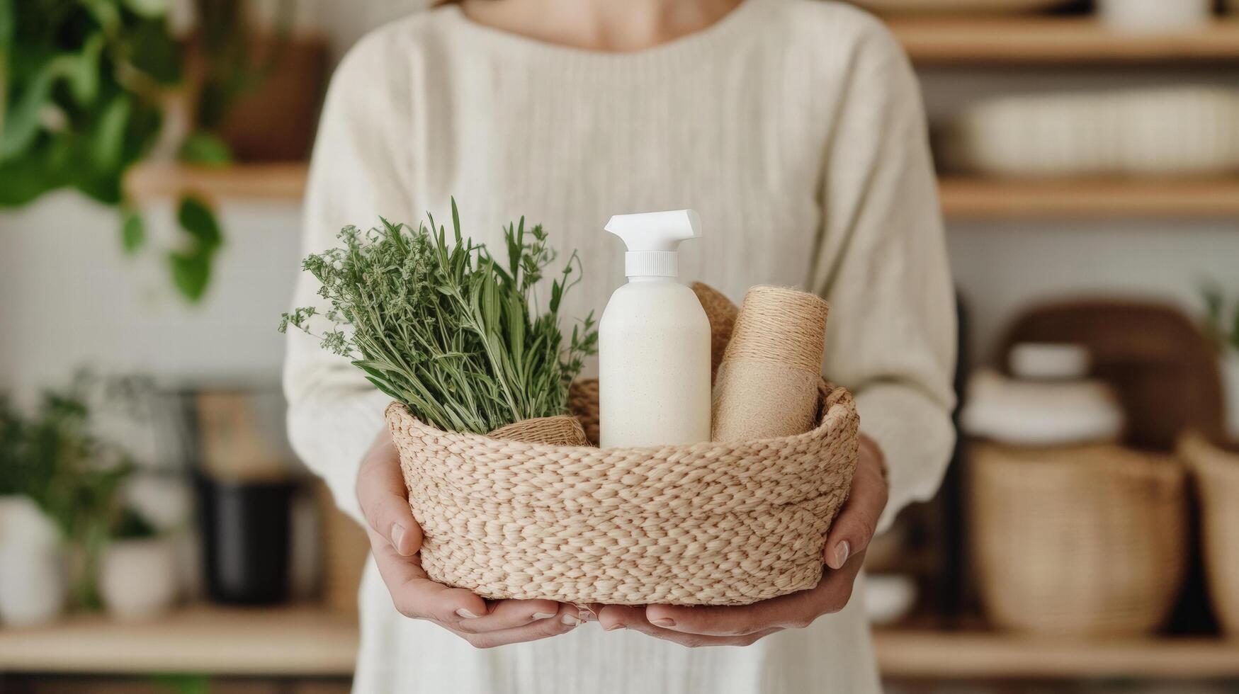 Eco friendly cleaning spray with fresh herbs in woven basket held by person photo
