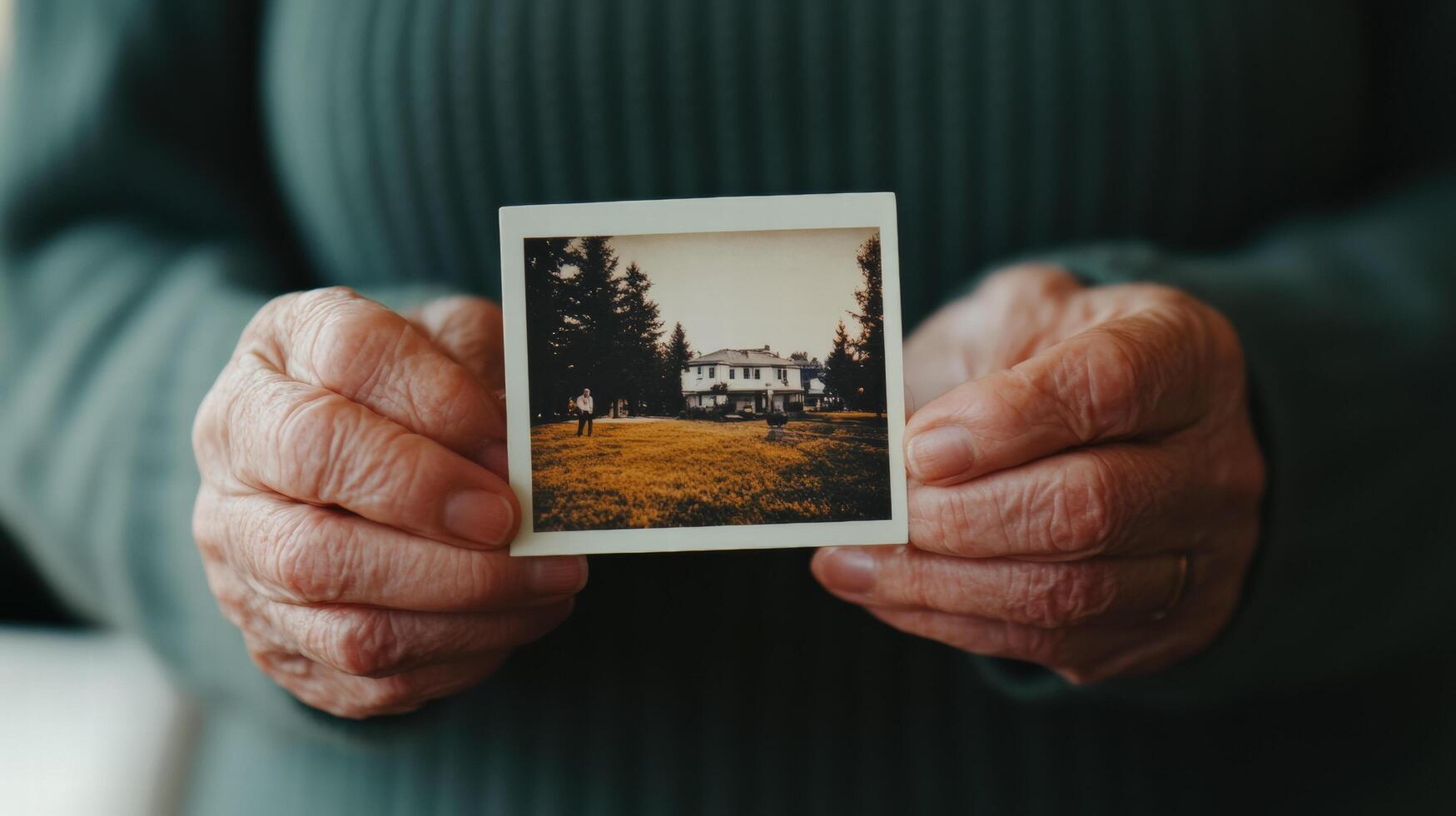 Elderly hands holding vintage photograph of house with trees and grass, nostalgic feeling photo