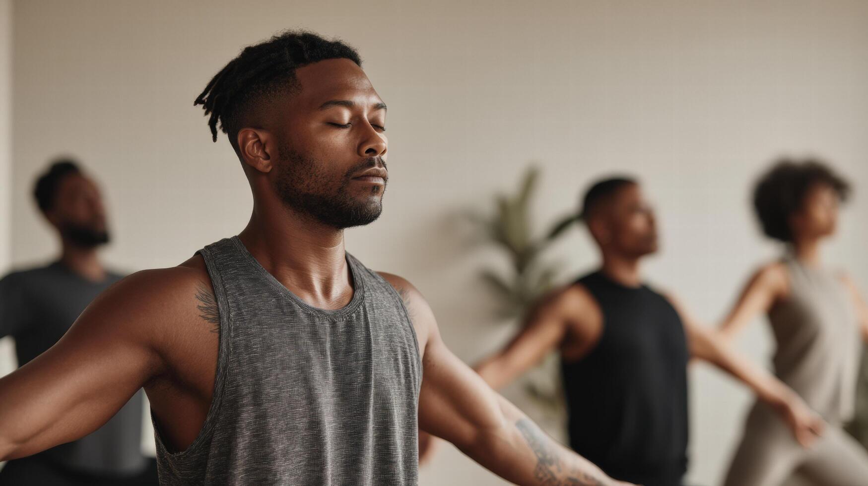 Meditating man with closed eyes practicing yoga with diverse group in calm studio photo