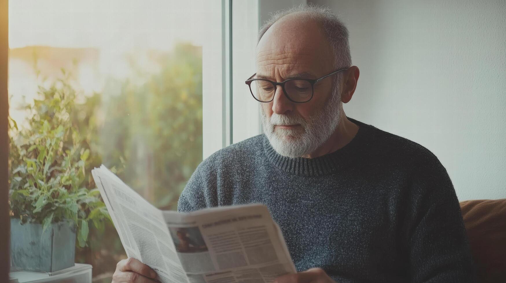 Senior man reading newspaper in cozy home with natural light and calm expression photo