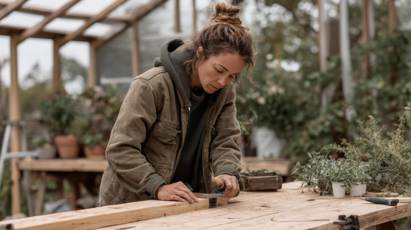 Woman working on DIY woodwork project with focused expression in greenhouse workshop photo
