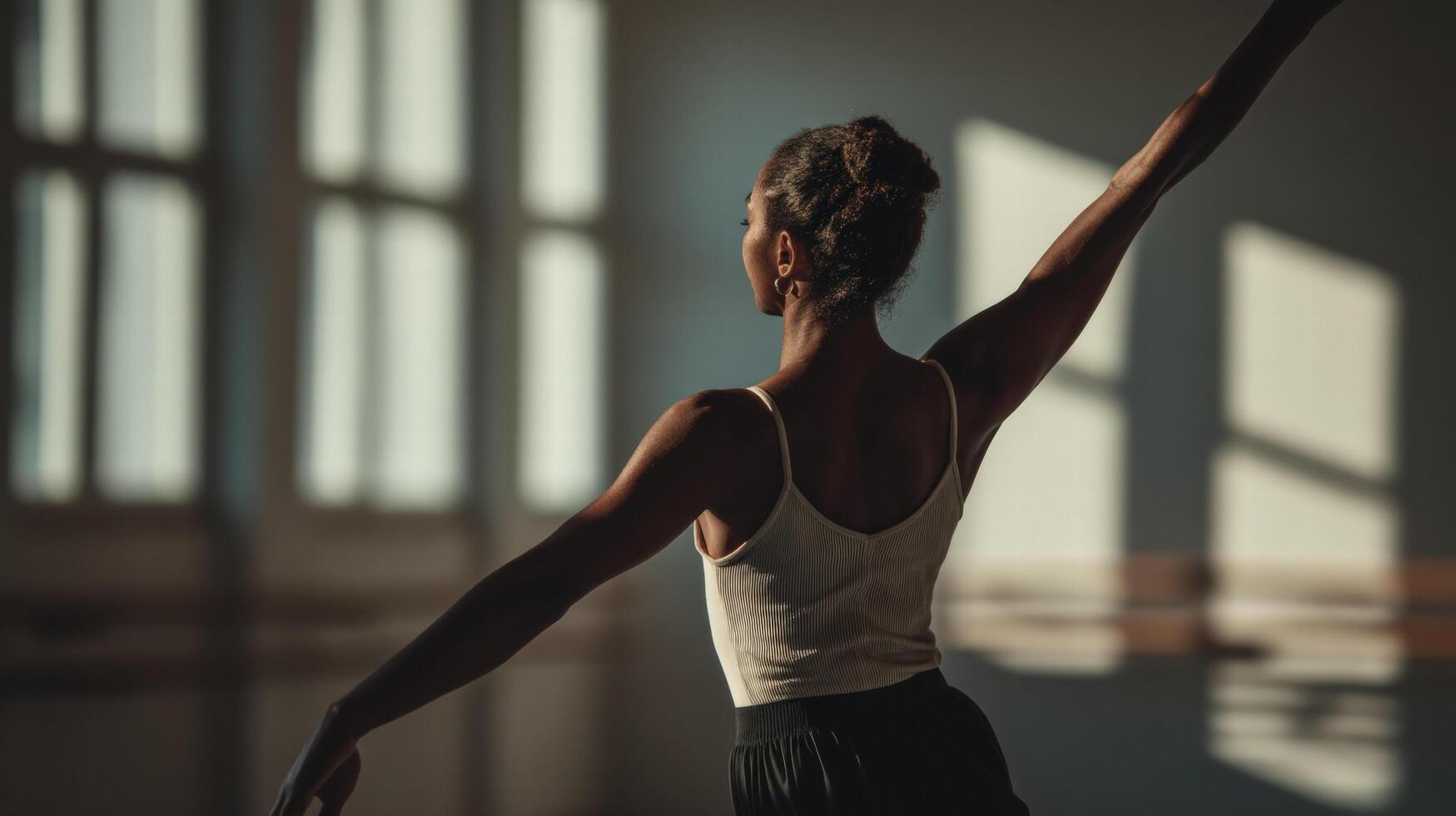 Young woman dancing in sunlit studio with large windows creating soft shadows photo