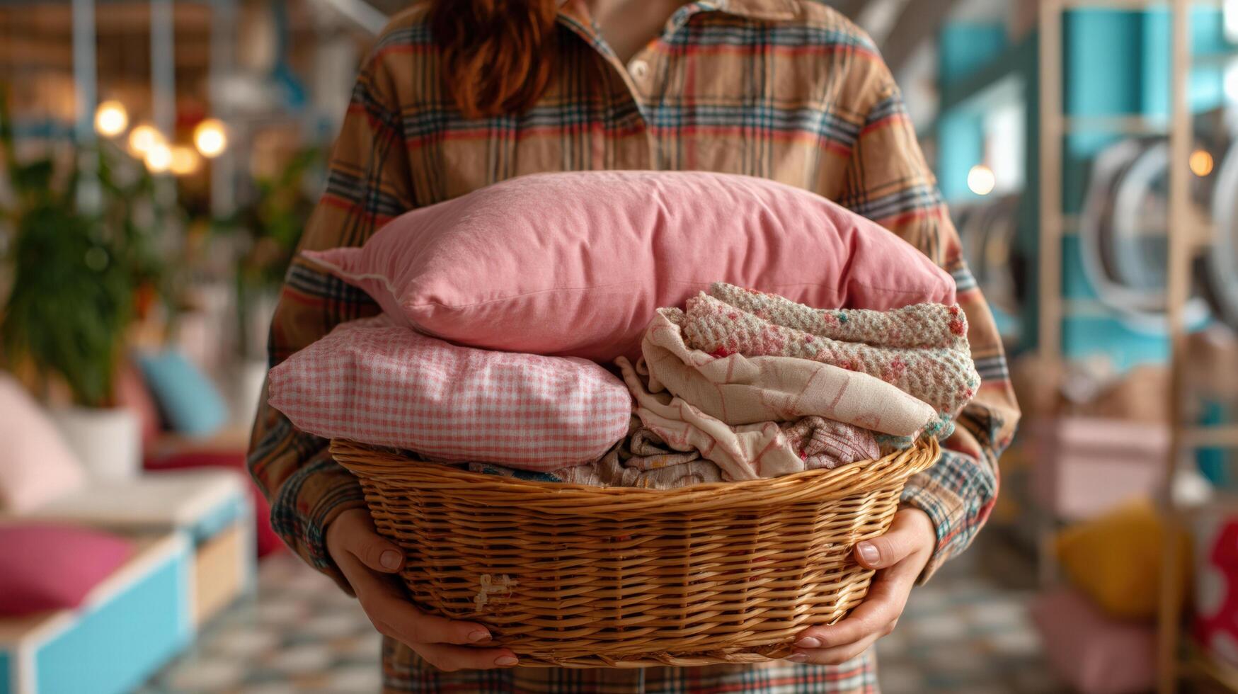 Woman holding basket of clothes and pillow with cozy home background photo
