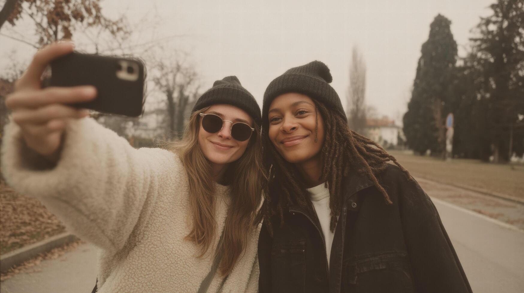 Happy two women taking selfie outdoors in winter park wearing warm clothes photo