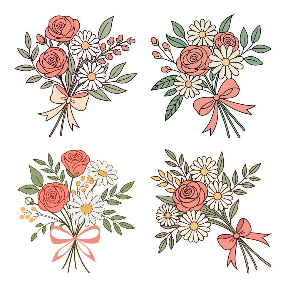 Hand drawn floral bouquet with pink rose and daisy tied with ribbon vector
