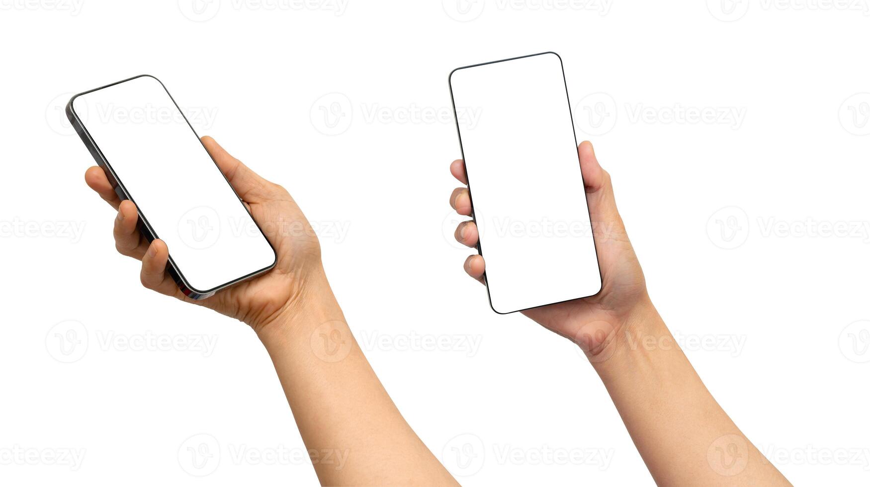 woman holding smartphone in hand with blank screen isolated on white background. photo