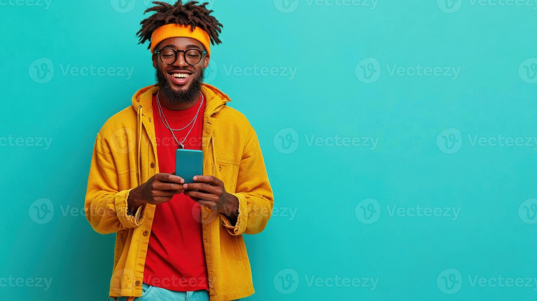 Joyful young man smiles while using his smartphone against a bright teal background, showcasing a vibrant and cheerful atmosphere photo