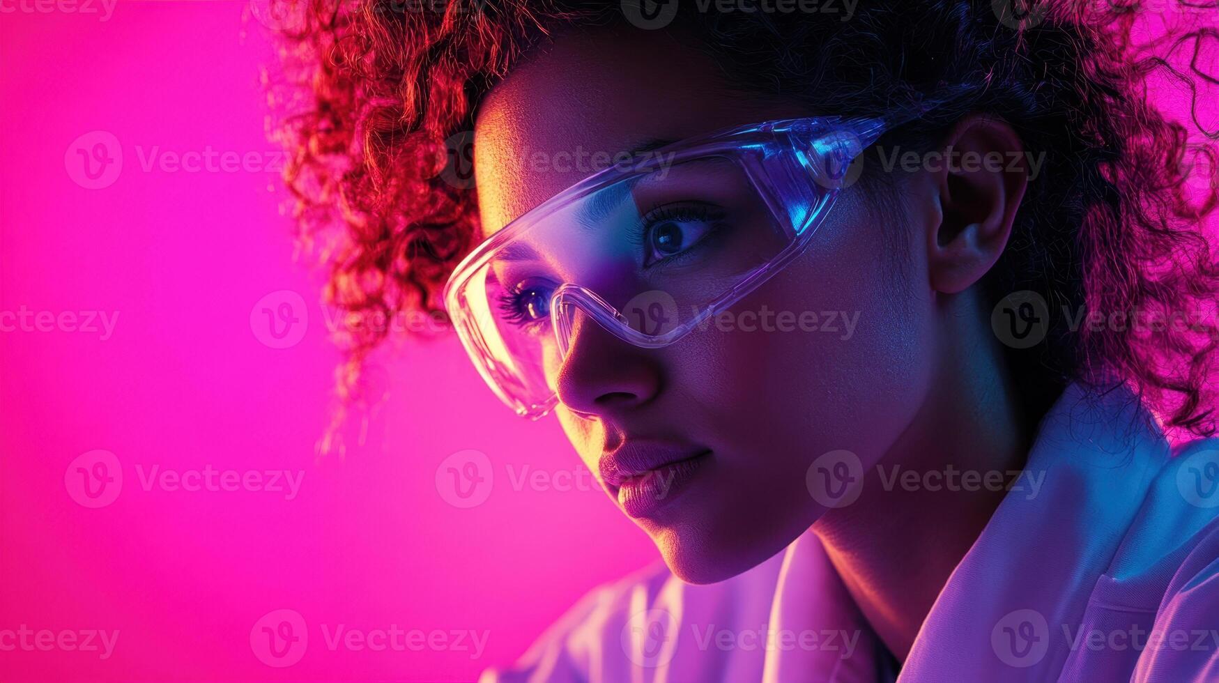 Young scientist in protective eyewear focused under vibrant purple and pink lighting, exploring new discoveries in a lab setting during evening hours photo