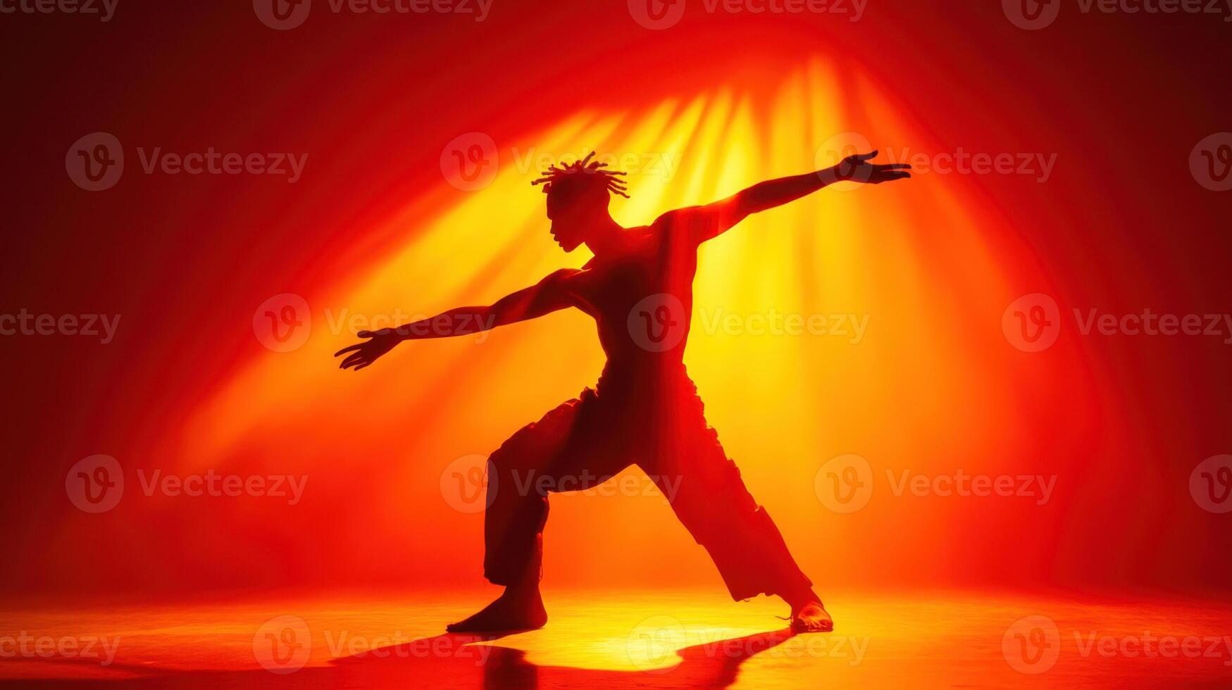 Dynamic dance performance in silhouette against vibrant orange backdrop showcasing expression and movement at a theatrical event photo