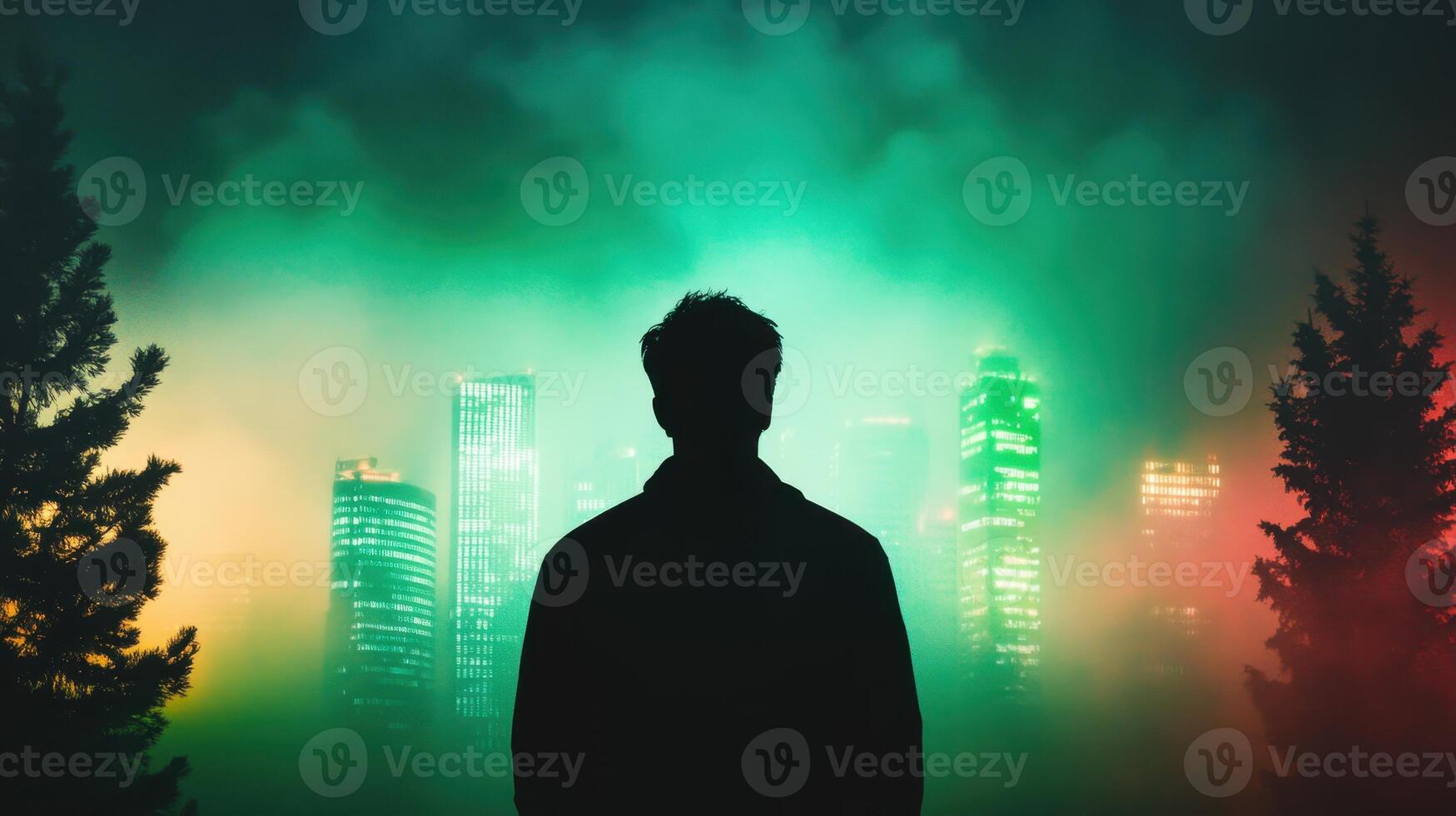 Silhouette of a person against a colorful foggy city skyline at night, showcasing vibrant city lights and a mysterious atmosphere photo