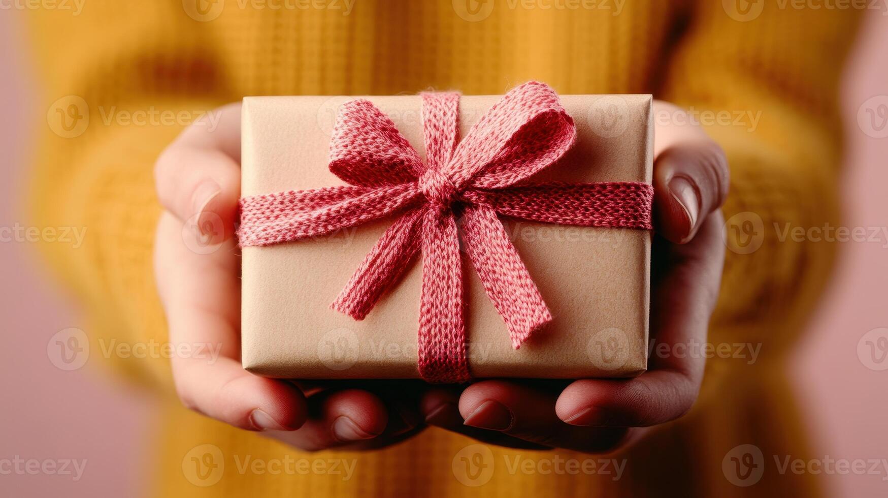 Beautifully wrapped gift held by hands in a cozy setting featuring a warm yellow sweater and pink backdrop, perfect for celebrations or special occasions photo